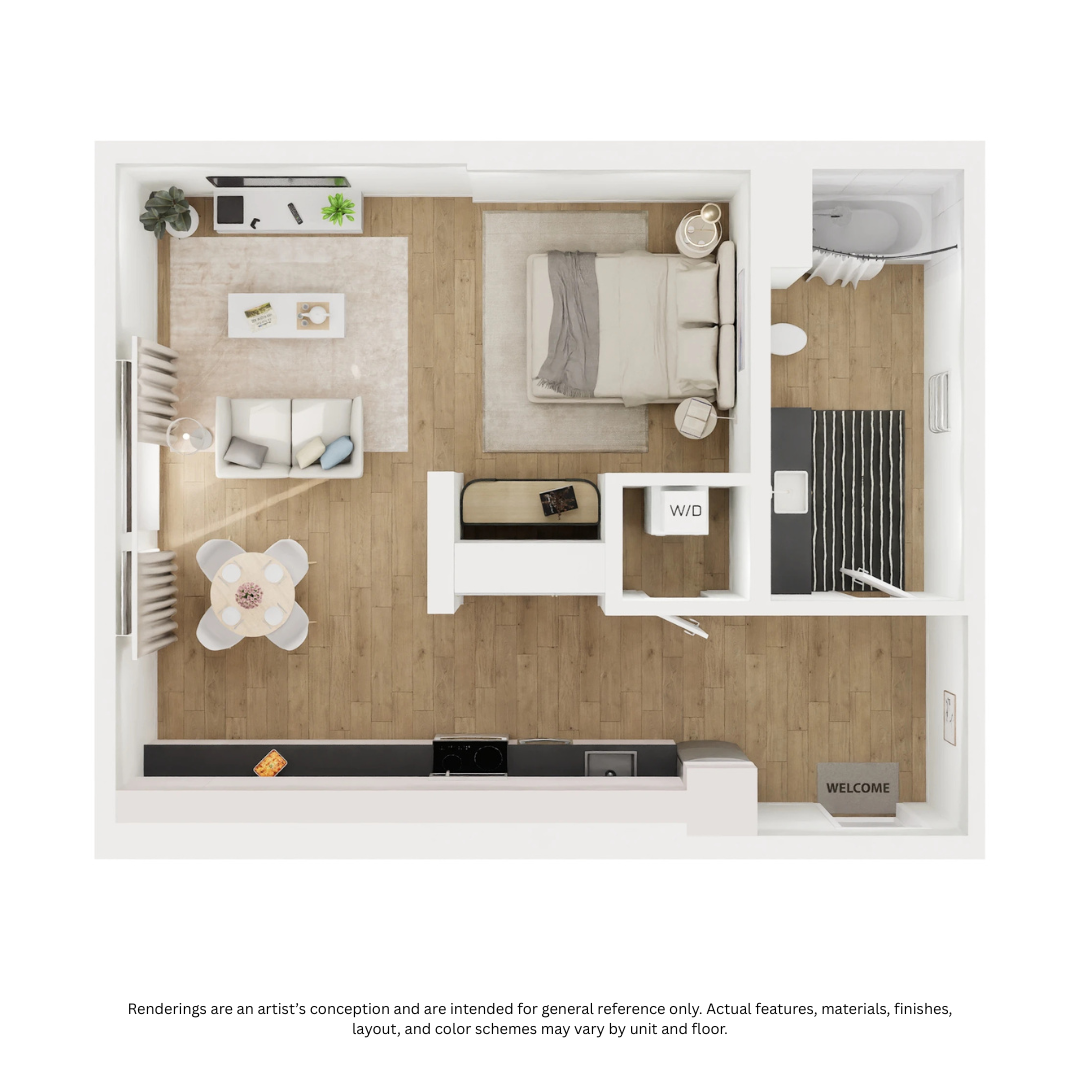 Floor plan for 1 bed, 1 bath, 498 sqft